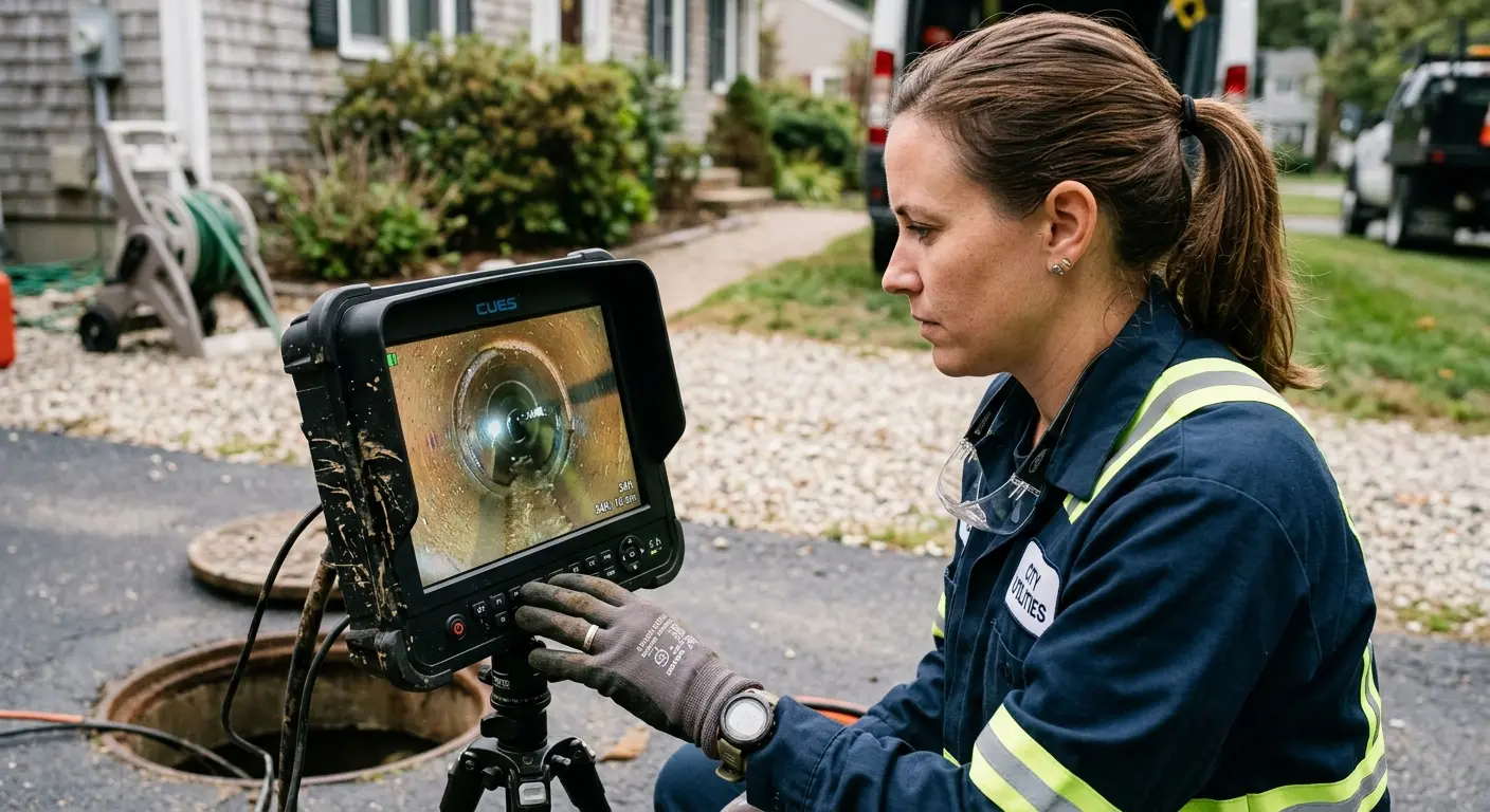 Technician reviewing sewer camera inspection footage in Woodland Park
