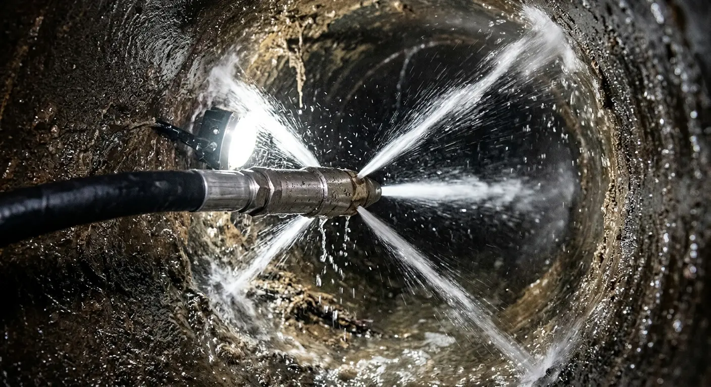 High-pressure hydro jetting nozzle cleaning sewer pipe for Emergency Drain Service in Woodland Park