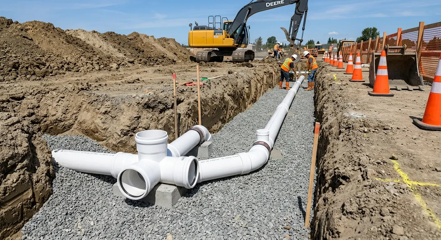 New PVC sewer pipe installation in open trench for Sewer Backup in Woodland Park